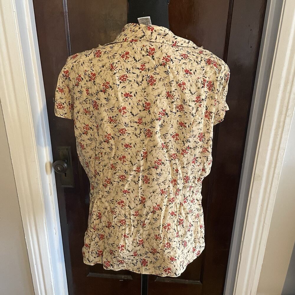 NINE WEST Nude Black 100% Silk Floral Button Up Top Short Sleeve Womens 14 - Picture 6 of 10